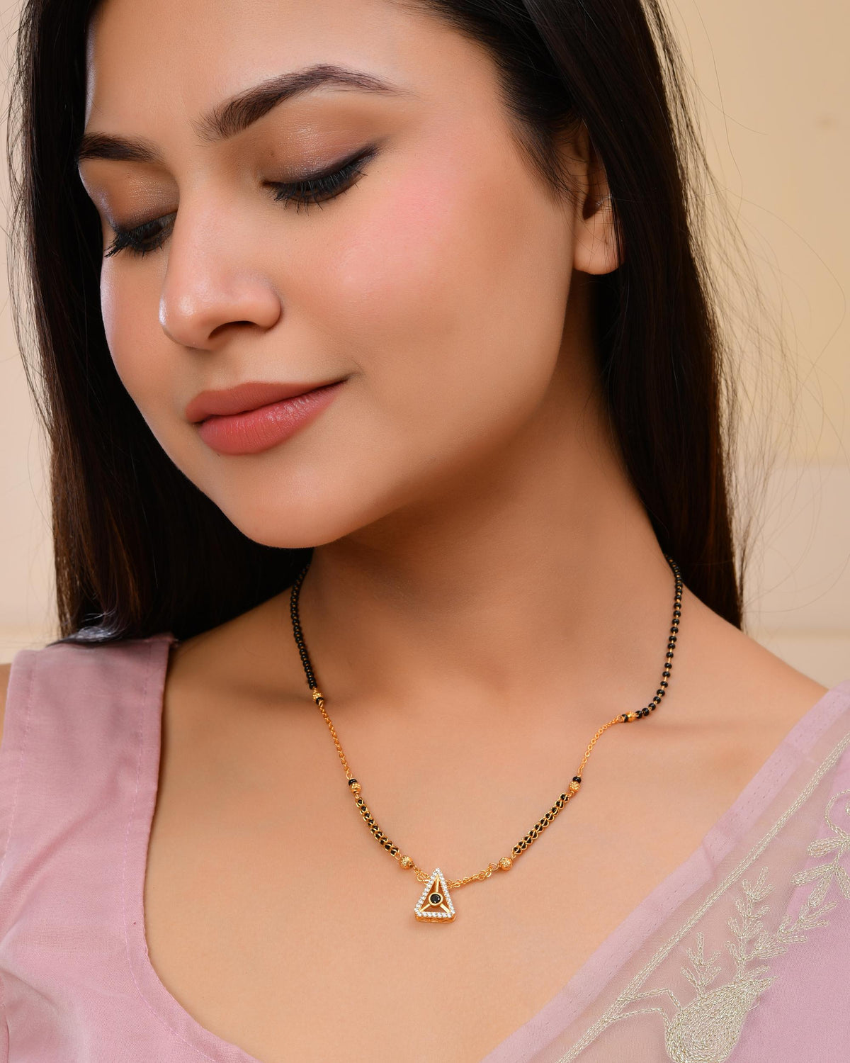 VOJ Gold-Polished Ad Studded Geometrical Shaped Mangalsutra | Grocsy