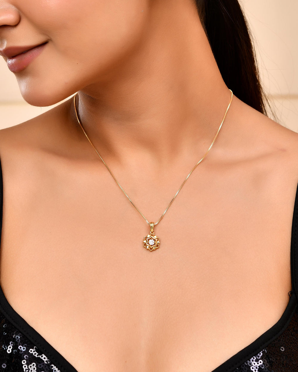 VOJ Gold-Polished Flower Shaped AD Studded Pandent With Chain | Grocsy