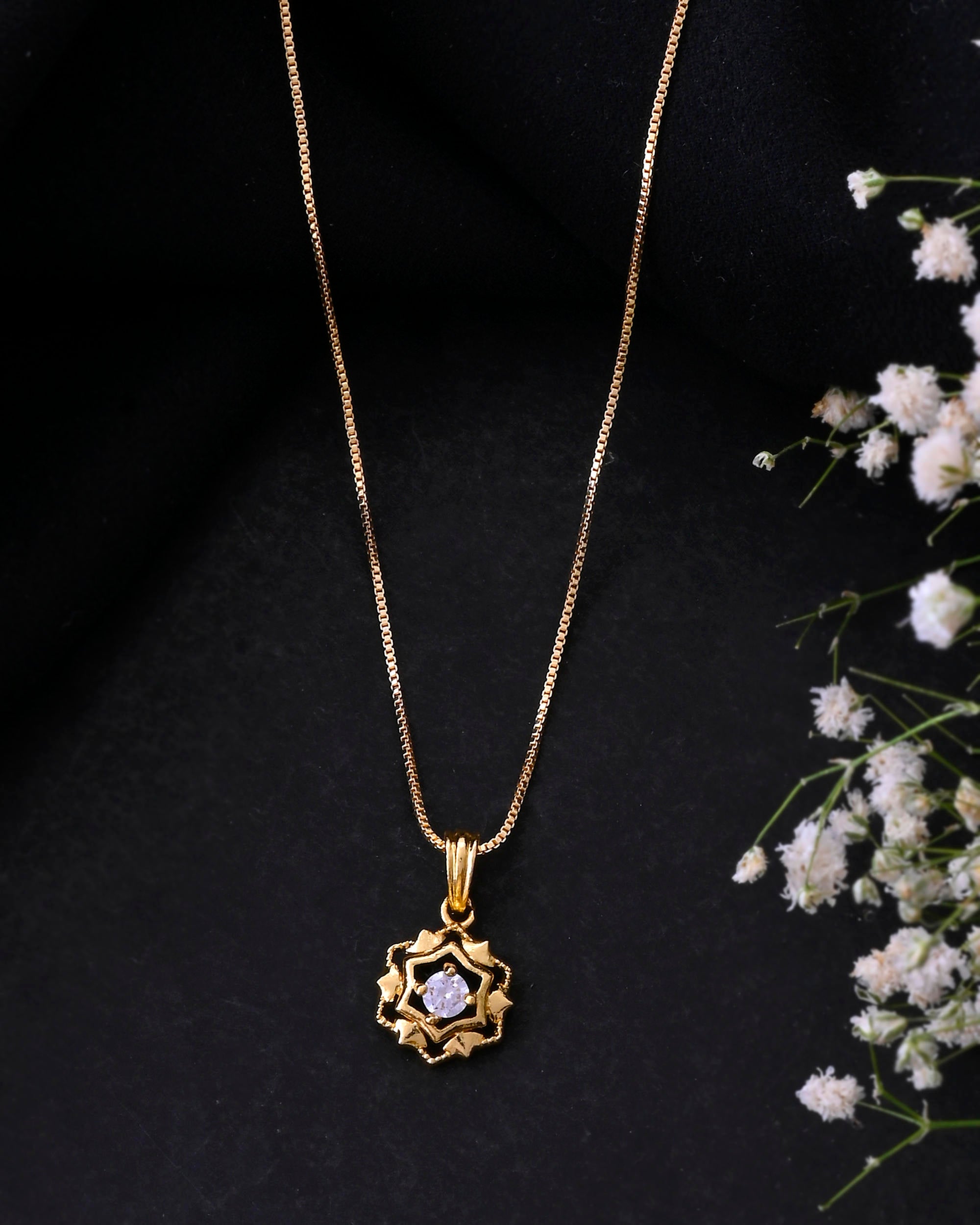VOJ Gold-Polished Flower Shaped AD Studded Pandent With Chain | Grocsy