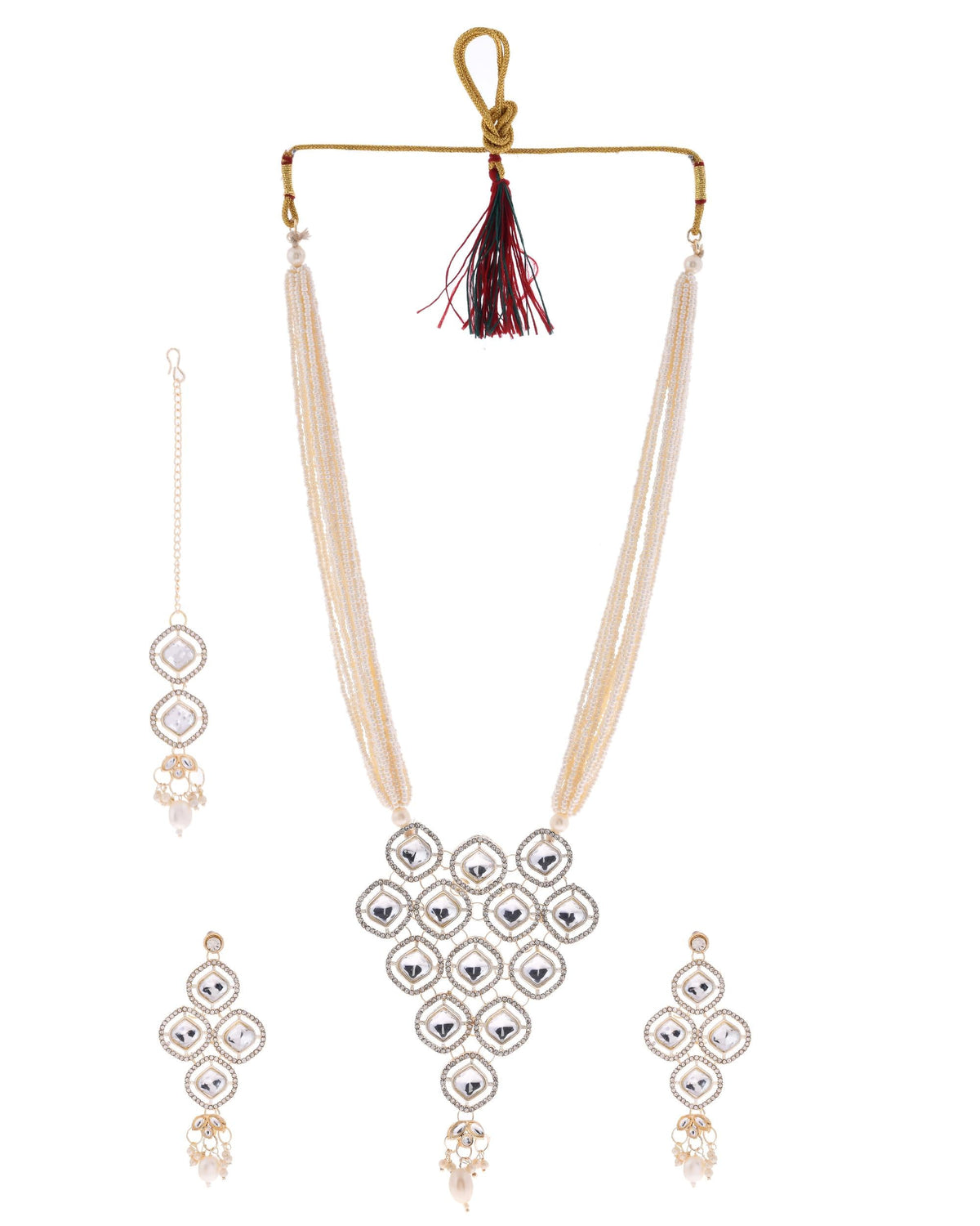 VOJ Gold-Polished Stone With White Beaded Long Jewellery Set
