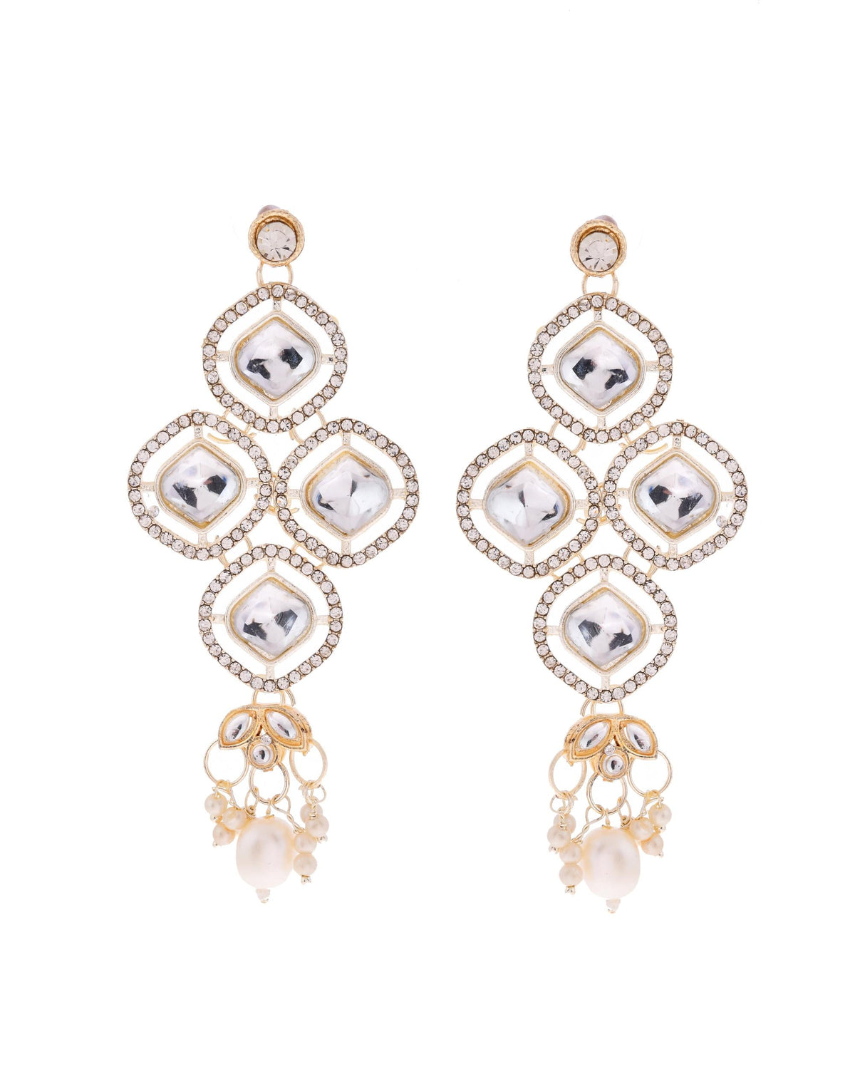 VOJ Gold-Polished Stone With White Beaded Long Jewellery Set