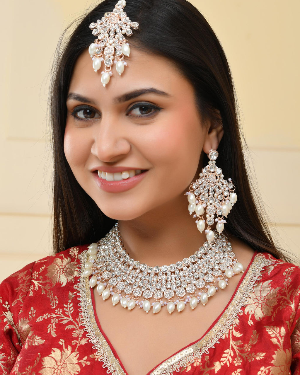 VOJ Gold-Polished Stone Studded Choker Jewellery Set With Maang Tikka | Grocsy