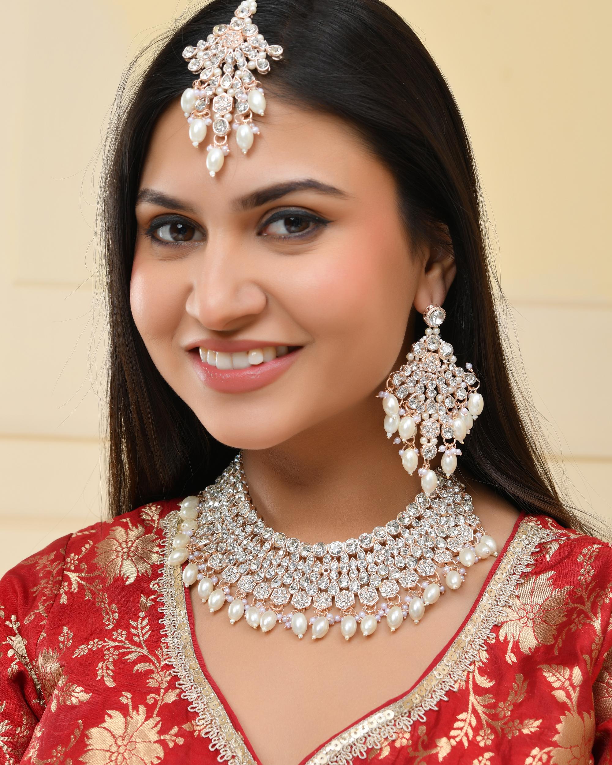 VOJ Gold-Polished Stone Studded Choker Jewellery Set With Maang Tikka | Grocsy