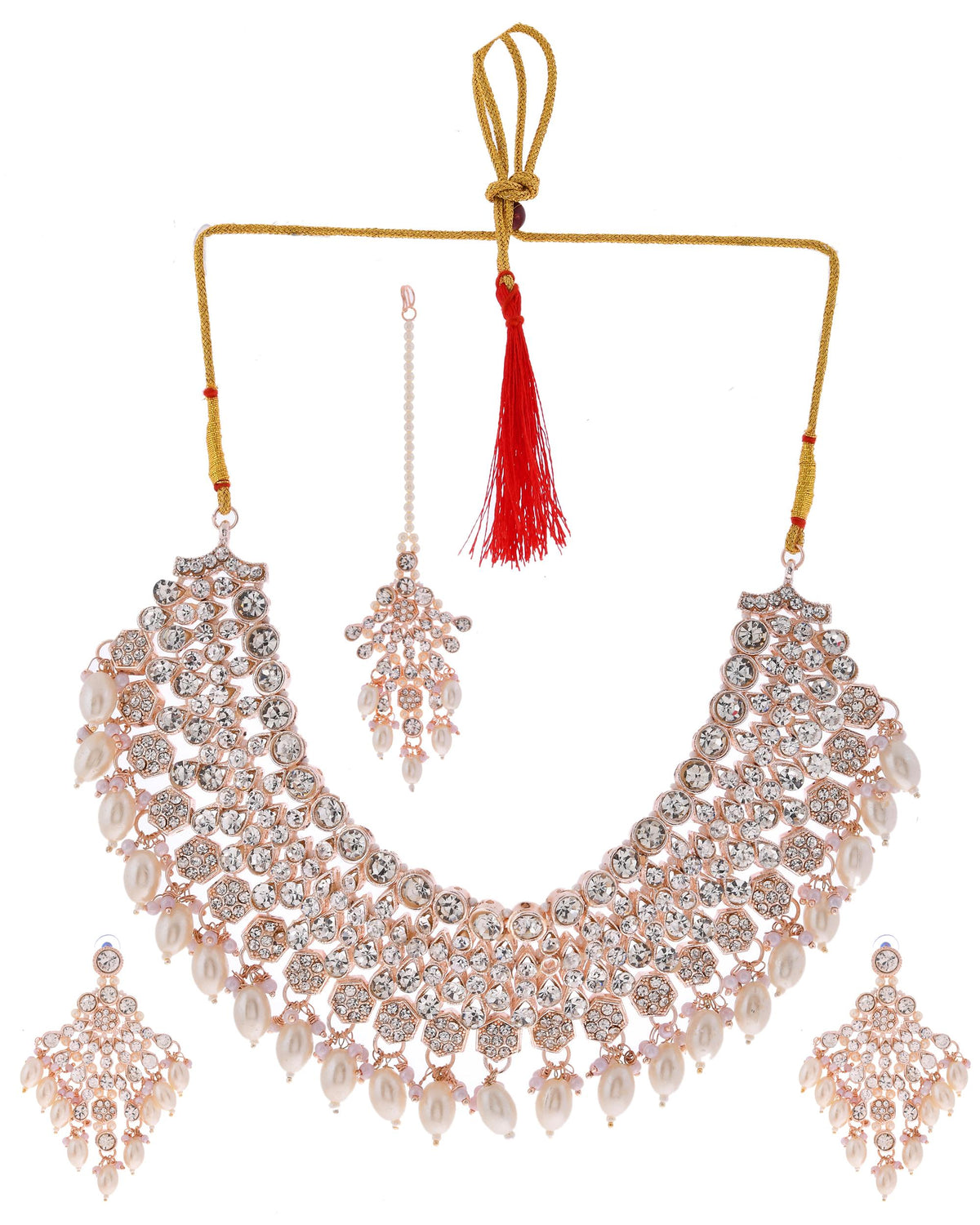 VOJ Gold-Polished Stone Studded Choker Jewellery Set With Maang Tikka | Grocsy