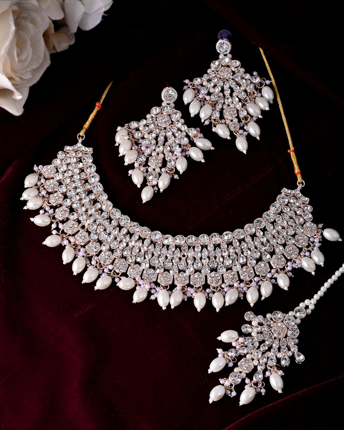 VOJ Gold-Polished Stone Studded Choker Jewellery Set With Maang Tikka | Grocsy