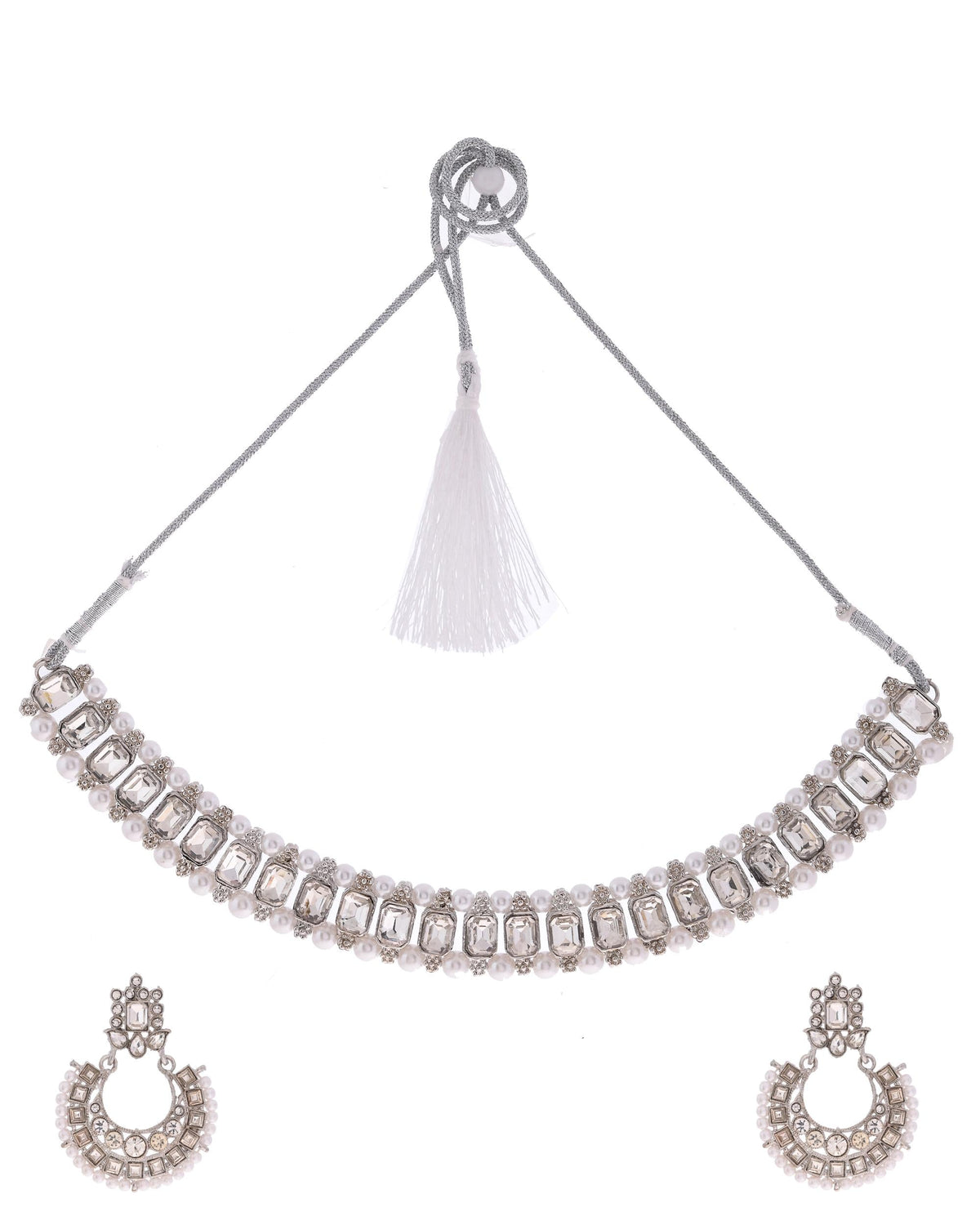 VOJ Silver Plated Stone Studded Jewellery Set With Maang Tikka