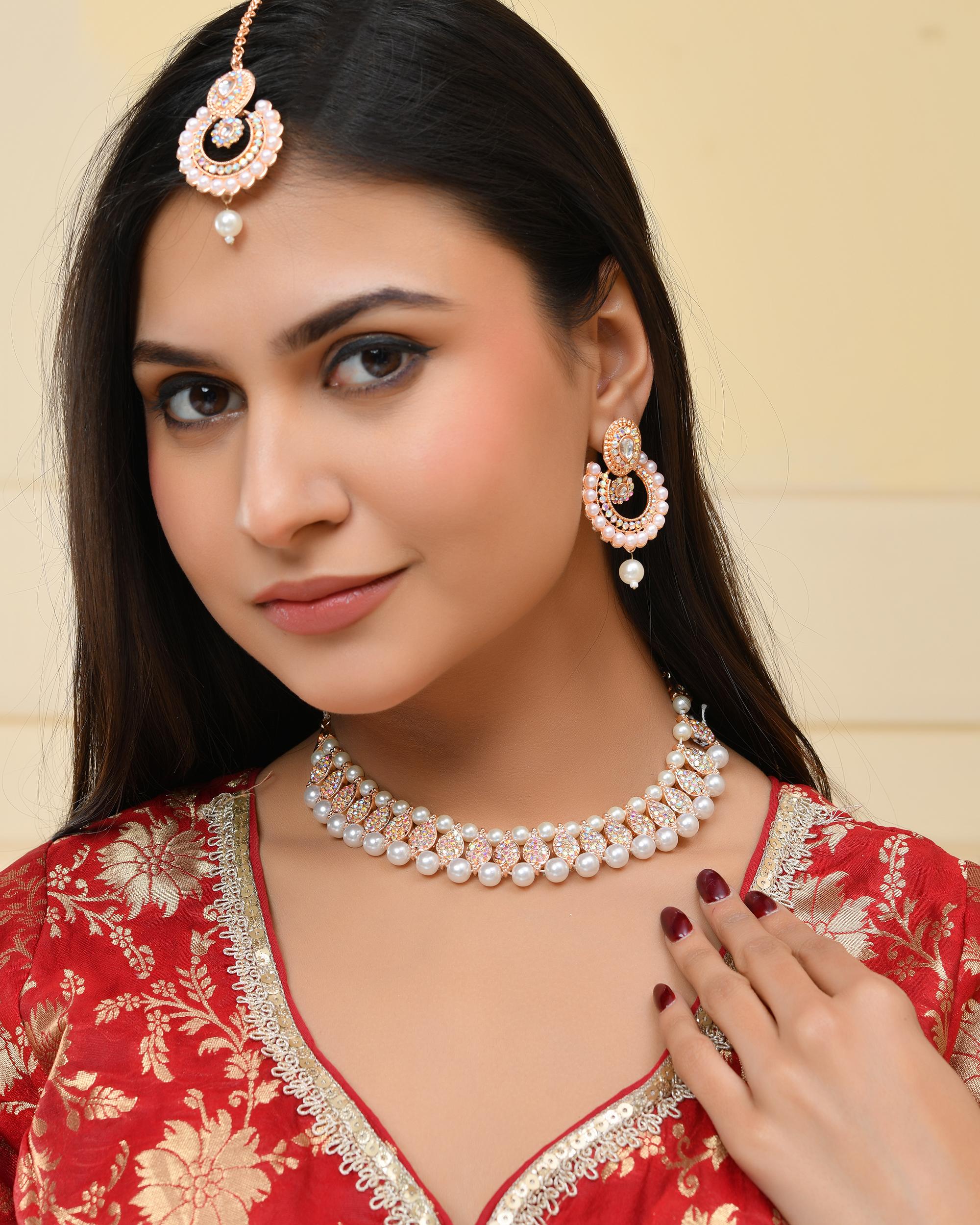 VOJ Gold-Polished Stone And White Beaded Choker Jewellery Set With Maang Tikka | Grocsy
