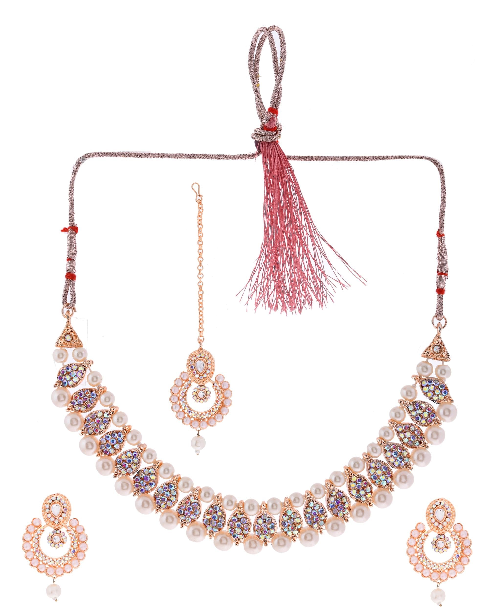 VOJ Gold-Polished Stone And White Beaded Choker Jewellery Set With Maang Tikka | Grocsy
