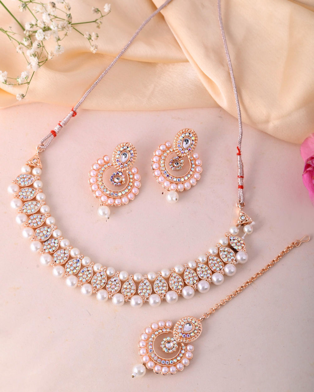 VOJ Gold-Polished Stone And White Beaded Choker Jewellery Set With Maang Tikka | Grocsy
