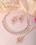 VOJ Gold-Polished Stone And White Beaded Choker Jewellery Set With Maang Tikka | Grocsy