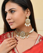 VOJ Gold-Polished Kundan And White Beaded Jewellery Set | Grocsy