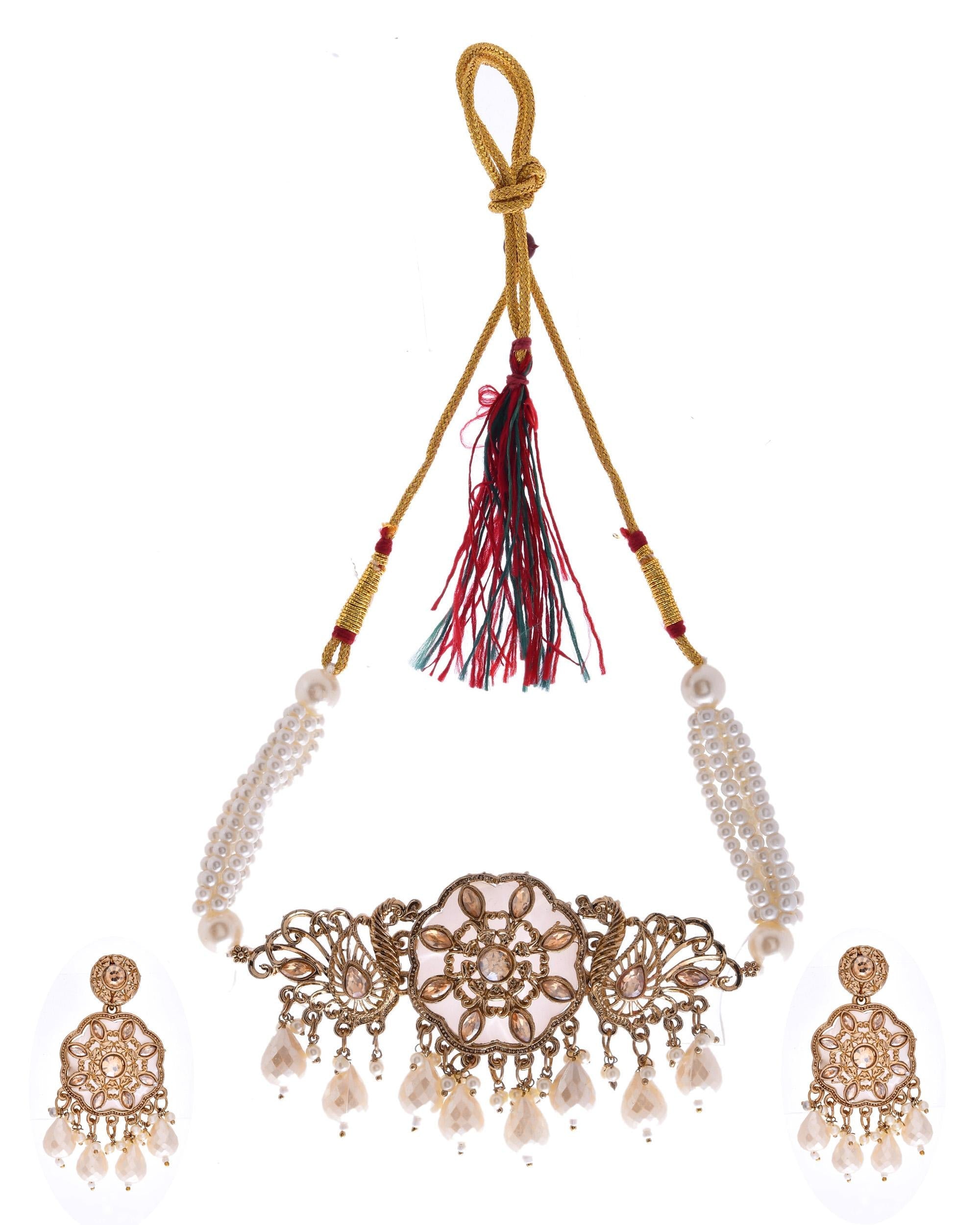 VOJ Gold-Polished Kundan And White Beaded Jewellery Set | Grocsy