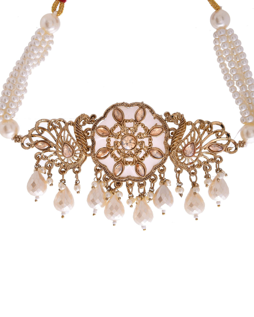 VOJ Gold-Polished Kundan And White Beaded Jewellery Set | Grocsy