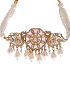 VOJ Gold-Polished Kundan And White Beaded Jewellery Set | Grocsy