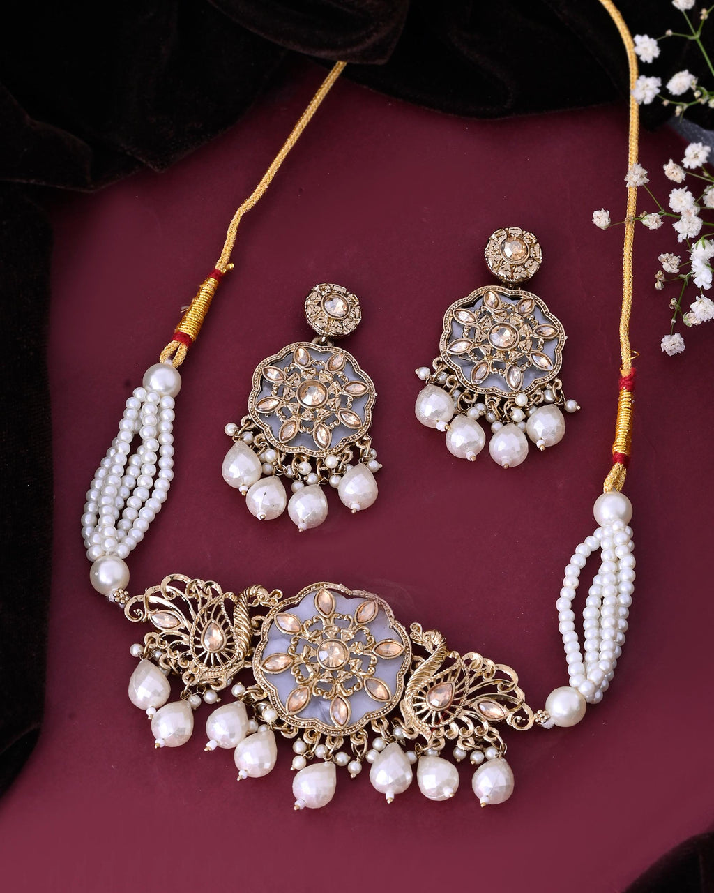 VOJ Gold-Polished Kundan And White Beaded Jewellery Set | Grocsy