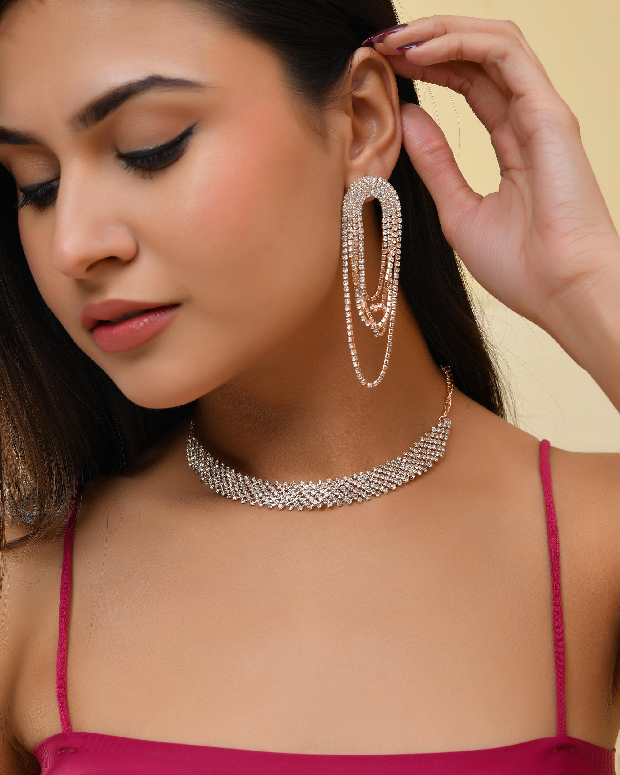 VOJ Gold-Polished Stone Studded Necklace With Earrings Set | Grocsy
