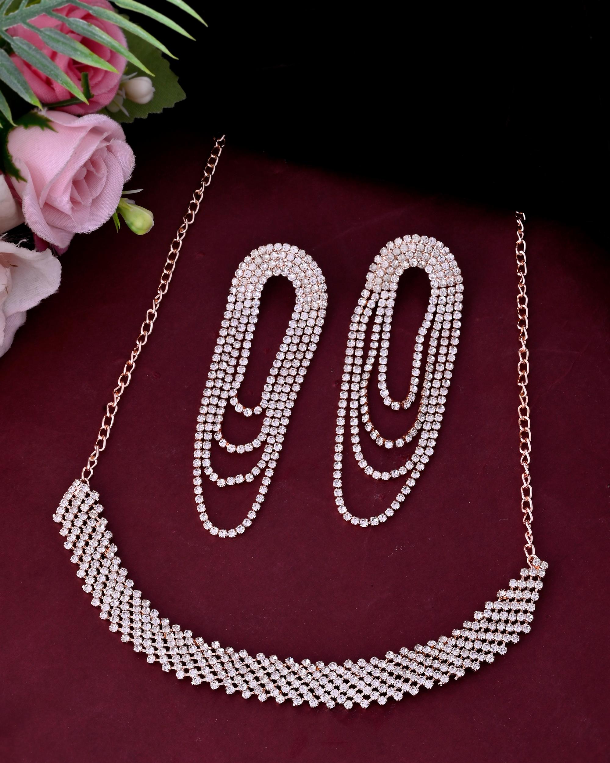 VOJ Gold-Polished Stone Studded Necklace With Earrings Set | Grocsy