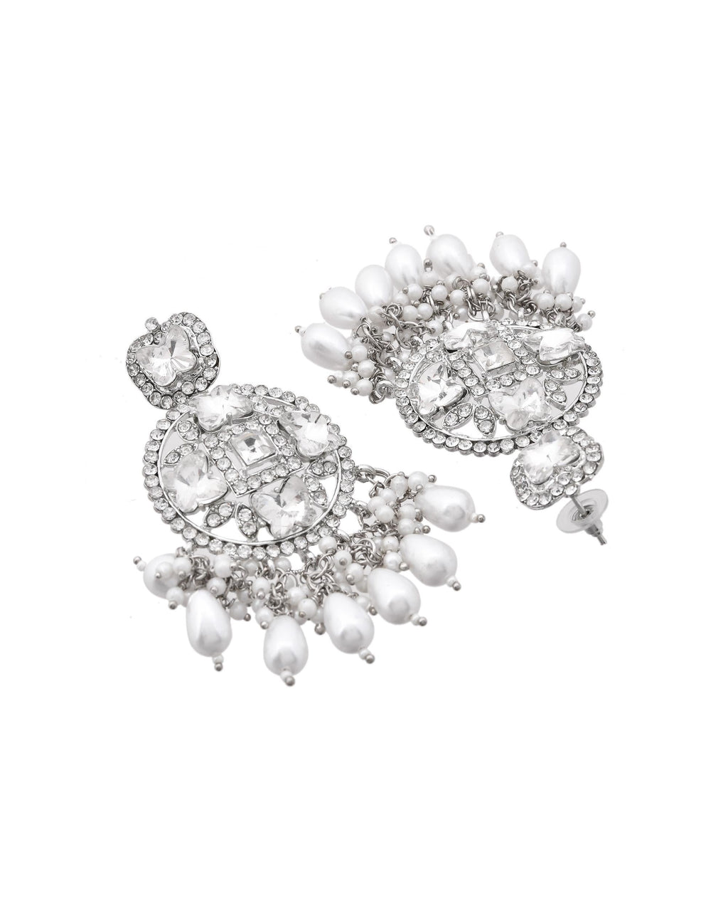 VOJ Silver Plated Stone Studded Crescent Shaped Earrings
