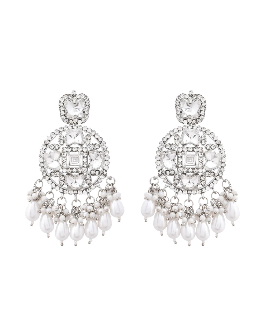 VOJ Silver Plated Stone Studded Crescent Shaped Earrings