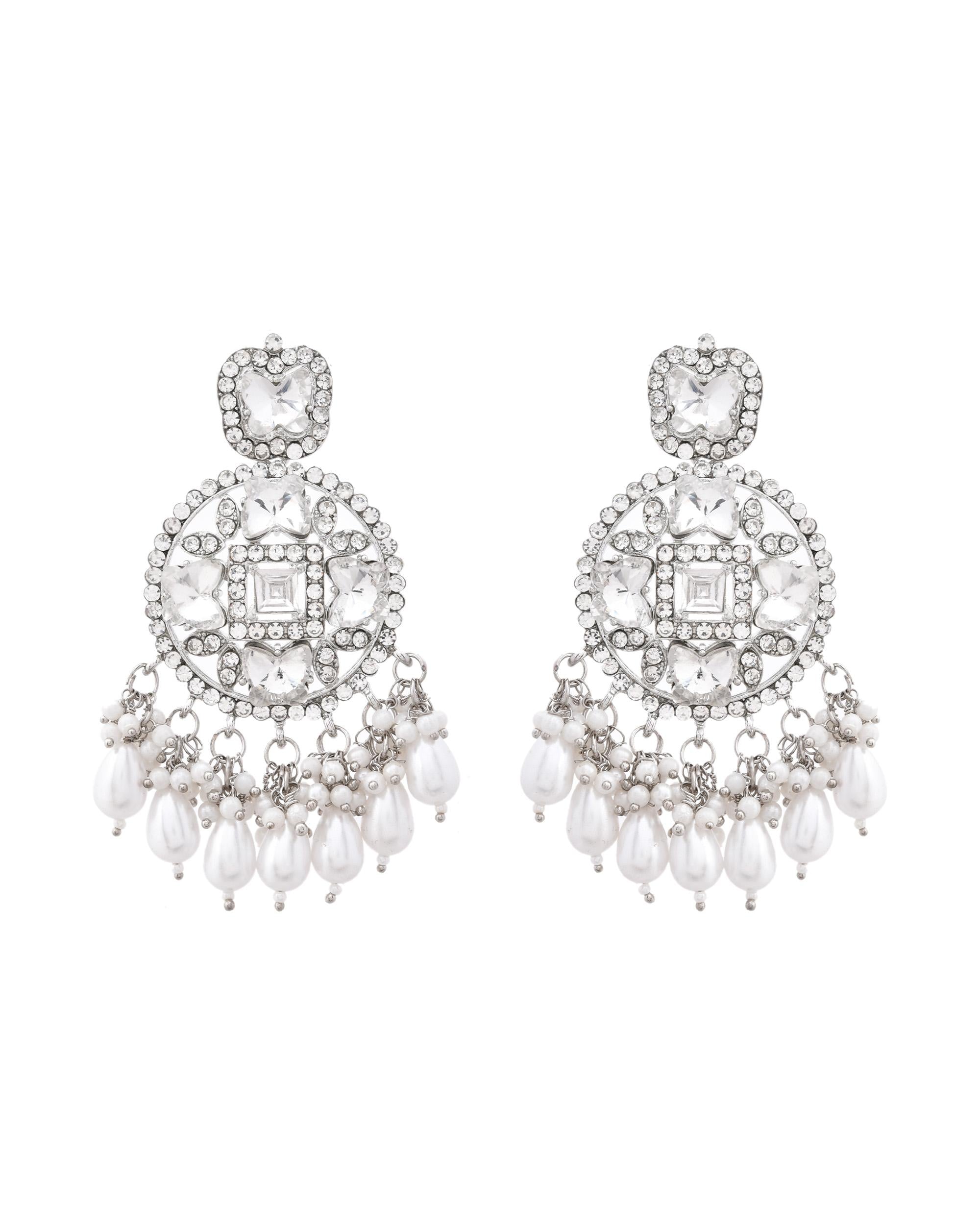 VOJ Silver Plated Stone Studded Crescent Shaped Earrings