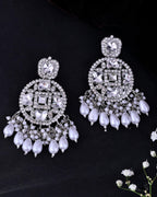 VOJ Silver Plated Stone Studded Crescent Shaped Earrings