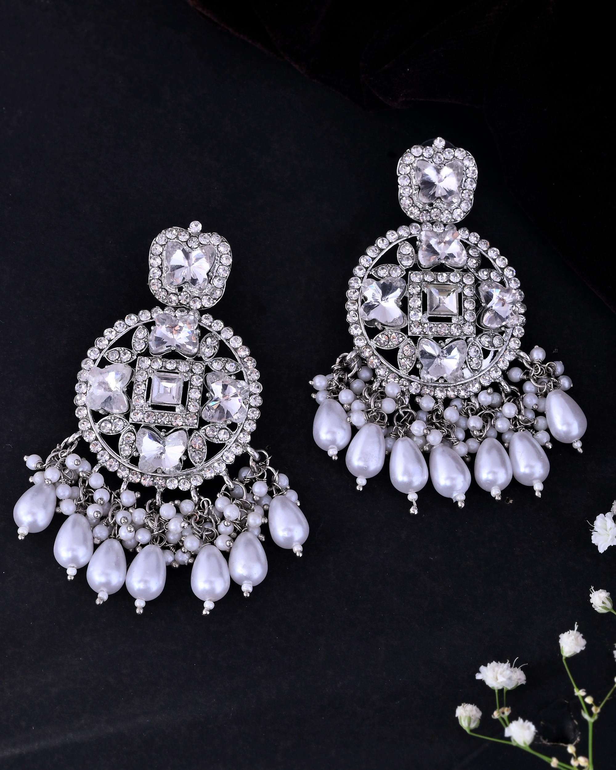 VOJ Silver Plated Stone Studded Crescent Shaped Earrings