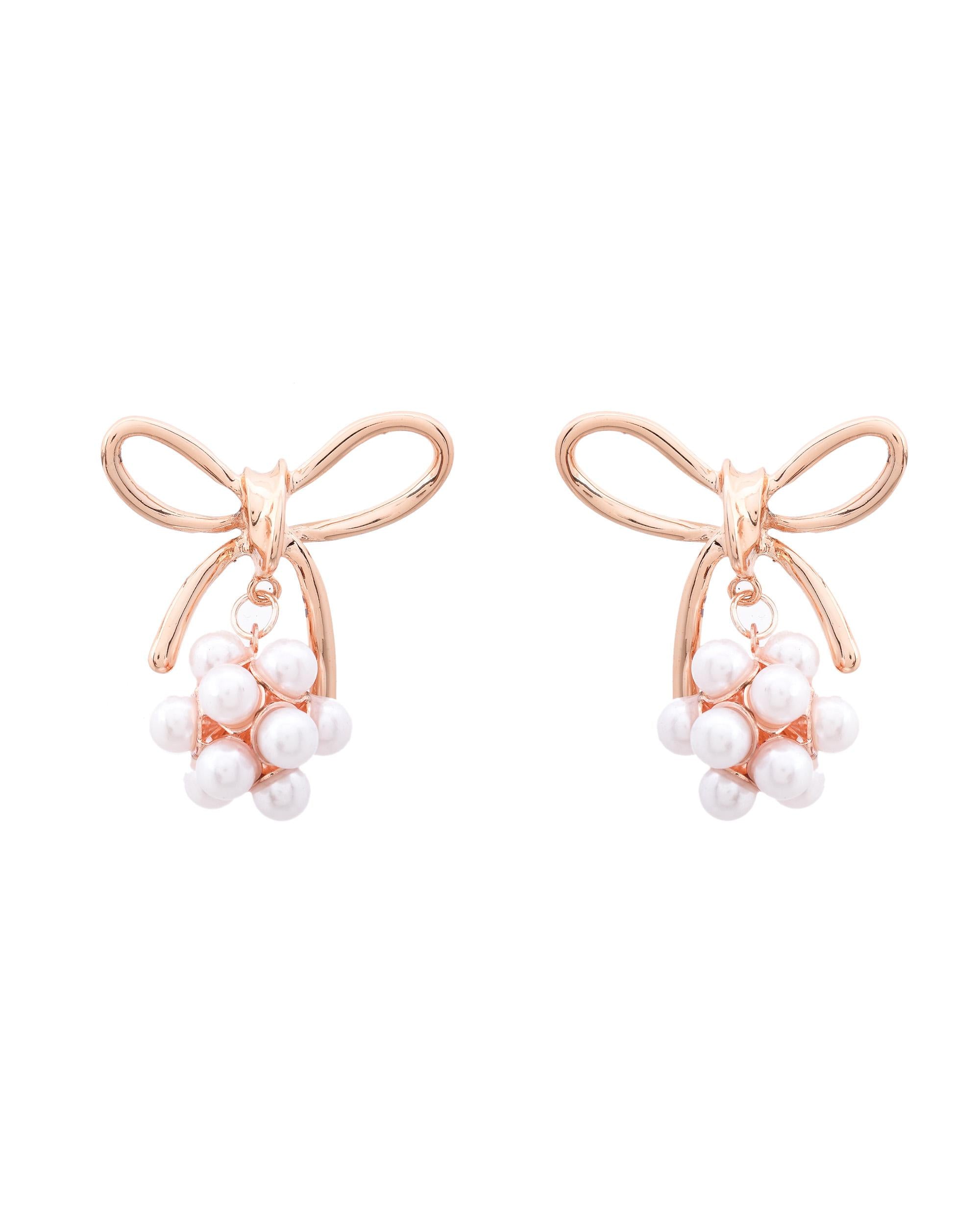 VOJ Rose Gold-Polished Pearl With Bow Shaped Designer Earrings
