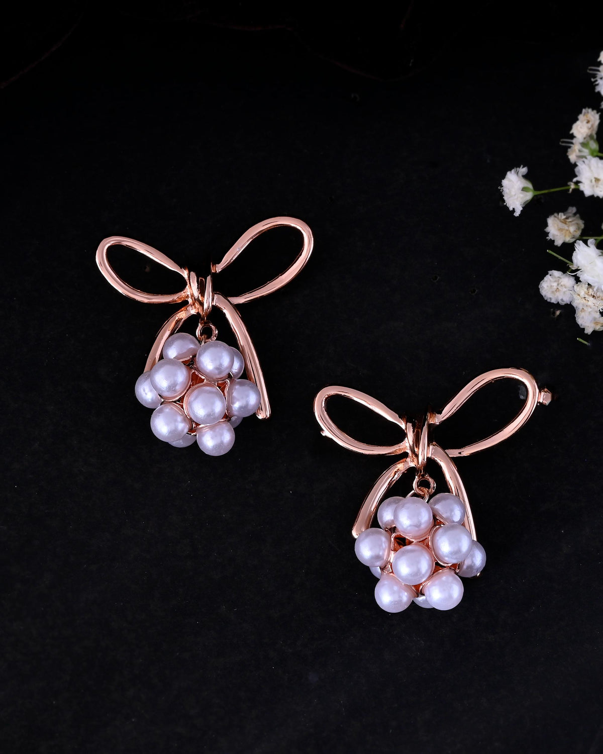 VOJ Rose Gold-Polished Pearl With Bow Shaped Designer Earrings