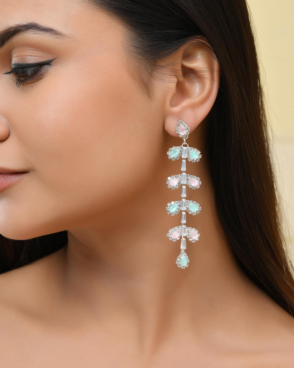 VOJ Silver-Toned Mind Green And Pink Leaf Shaped Drop Earrings | Grocsy