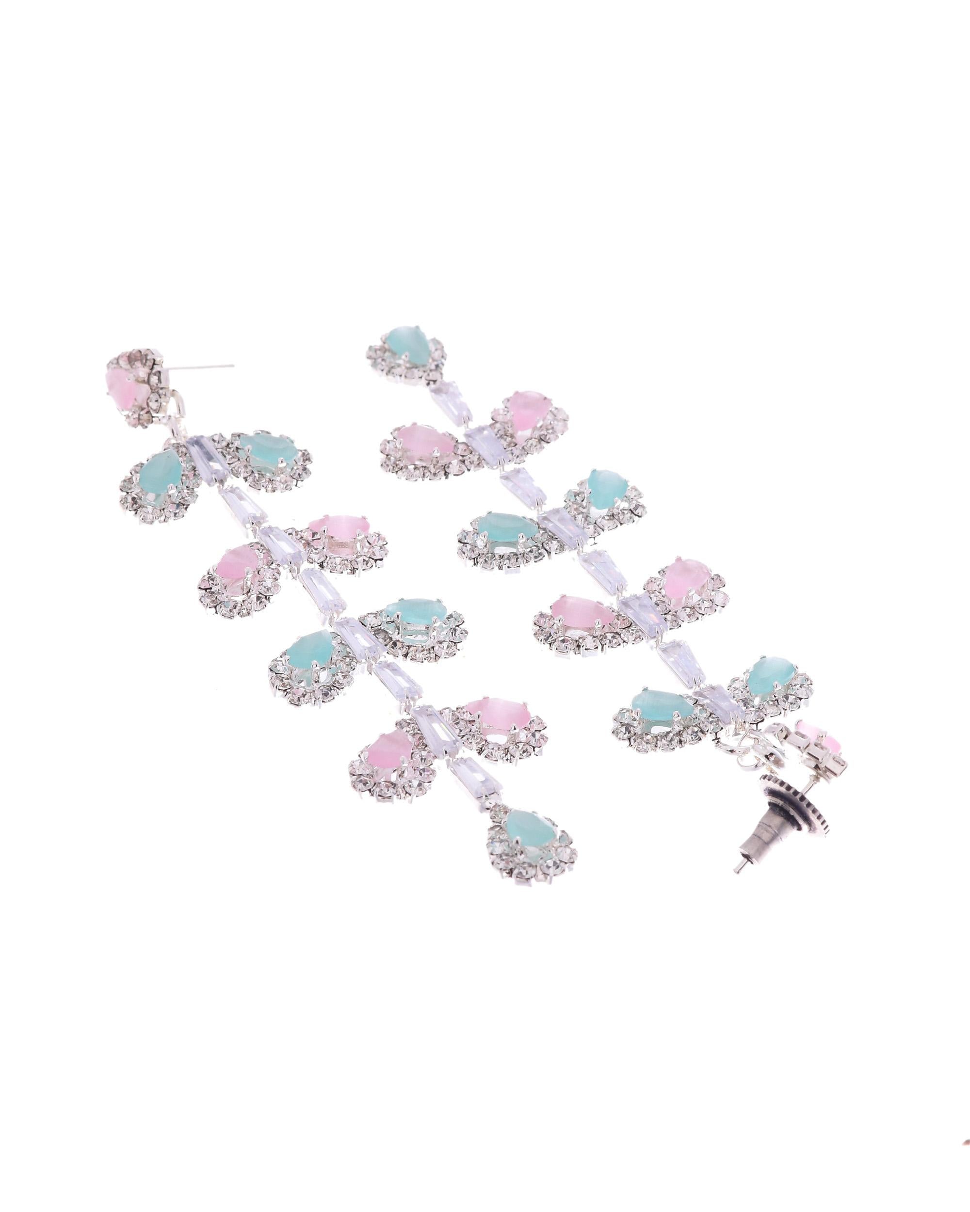 VOJ Silver-Toned Mind Green And Pink Leaf Shaped Drop Earrings | Grocsy