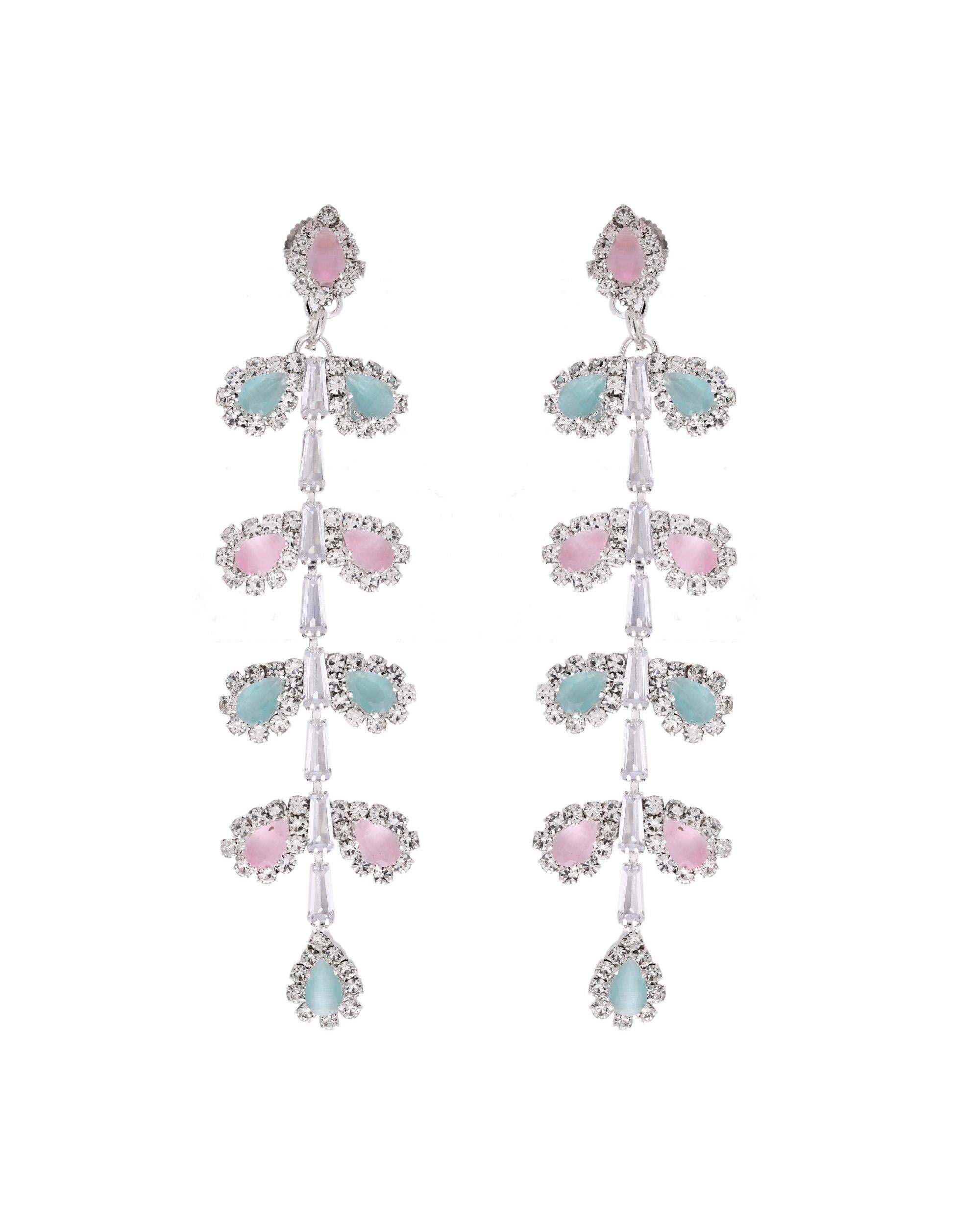 VOJ Silver-Toned Mind Green And Pink Leaf Shaped Drop Earrings | Grocsy