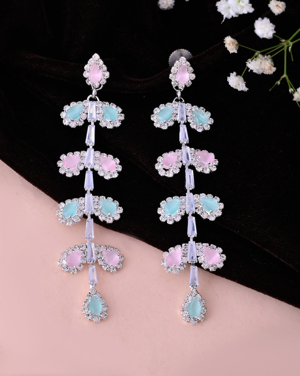 VOJ Silver-Toned Mind Green And Pink Leaf Shaped Drop Earrings | Grocsy