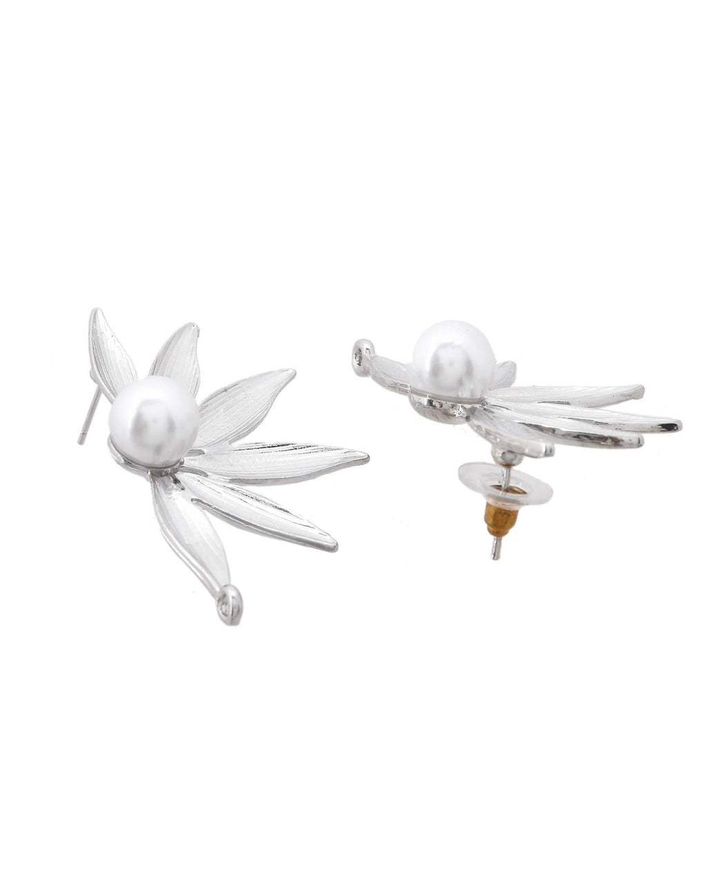 VOJ Silver Plated Stainless Steel Pearl Flower Shaped Studs