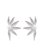 VOJ Silver Plated Stainless Steel Pearl Flower Shaped Studs