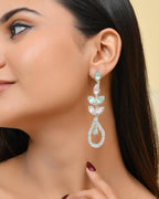 VOJ Silver-Toned Mind Green And Pink Teardrop Shaped Drop Earrings