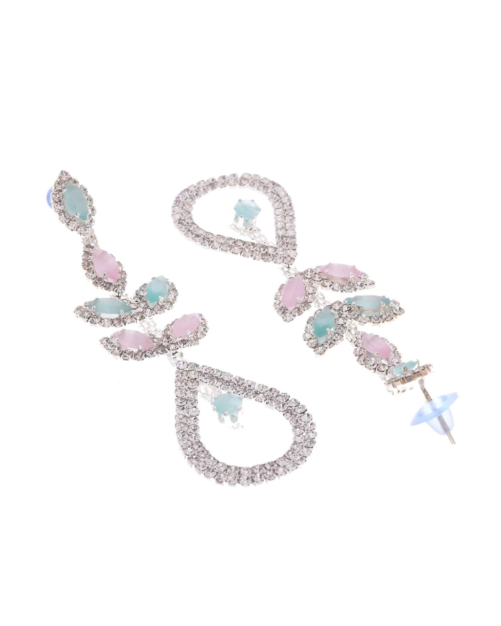 VOJ Silver-Toned Mind Green And Pink Teardrop Shaped Drop Earrings