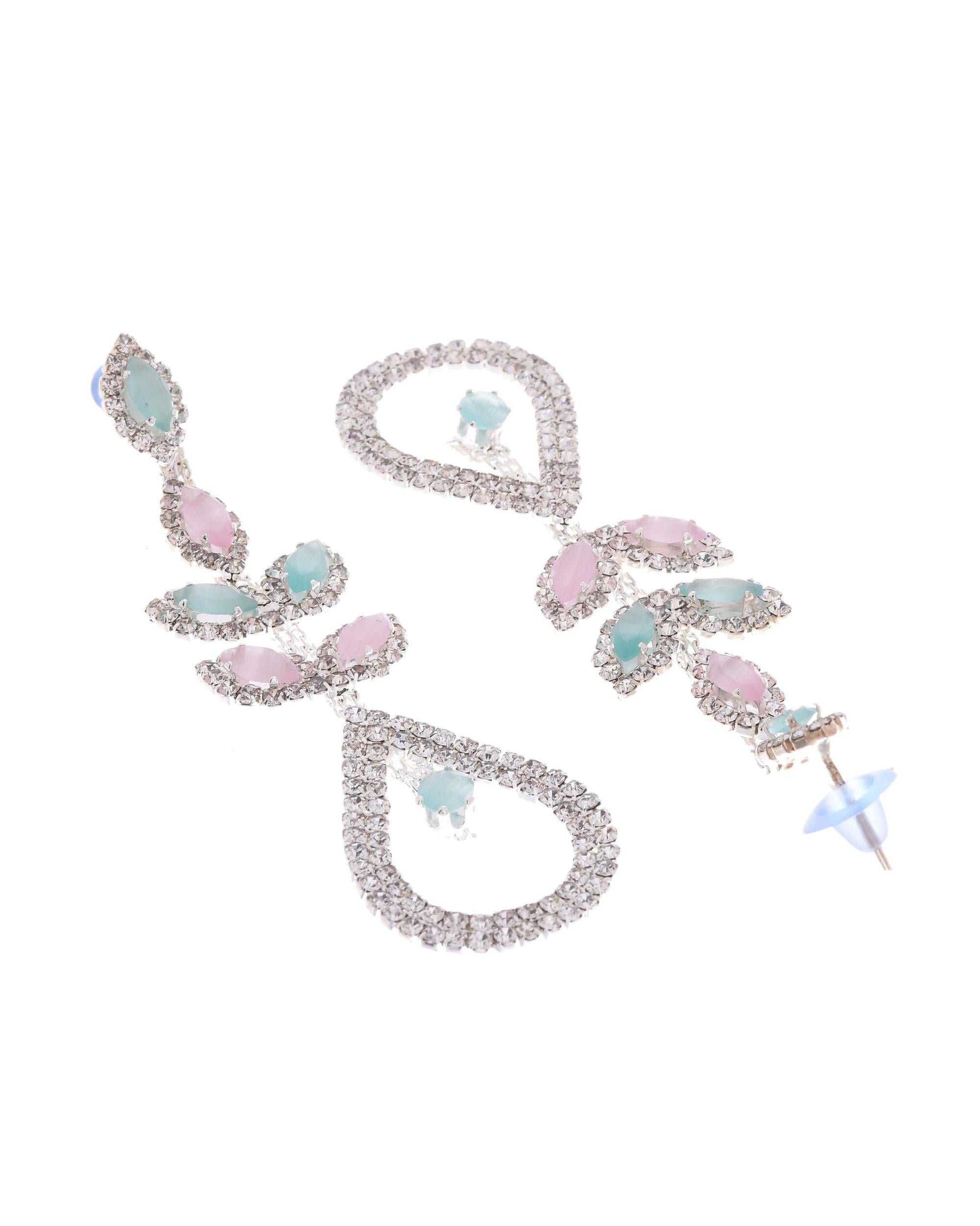 VOJ Silver-Toned Mind Green And Pink Teardrop Shaped Drop Earrings
