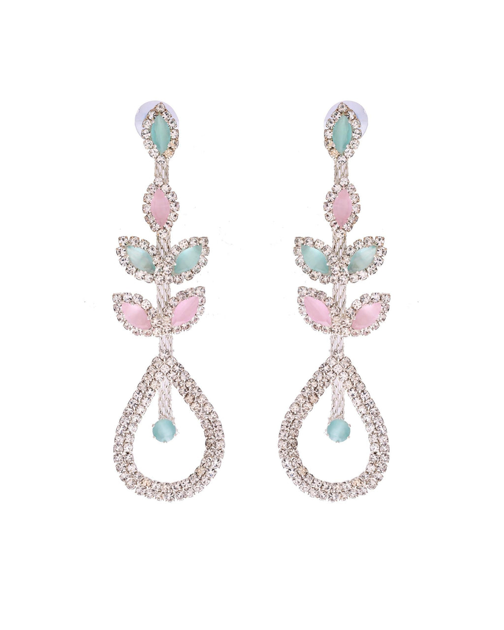 VOJ Silver-Toned Mind Green And Pink Teardrop Shaped Drop Earrings
