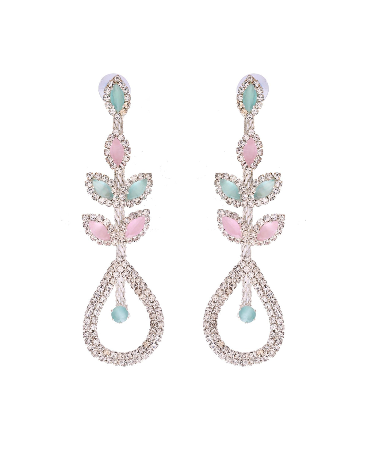 VOJ Silver-Toned Mind Green And Pink Teardrop Shaped Drop Earrings