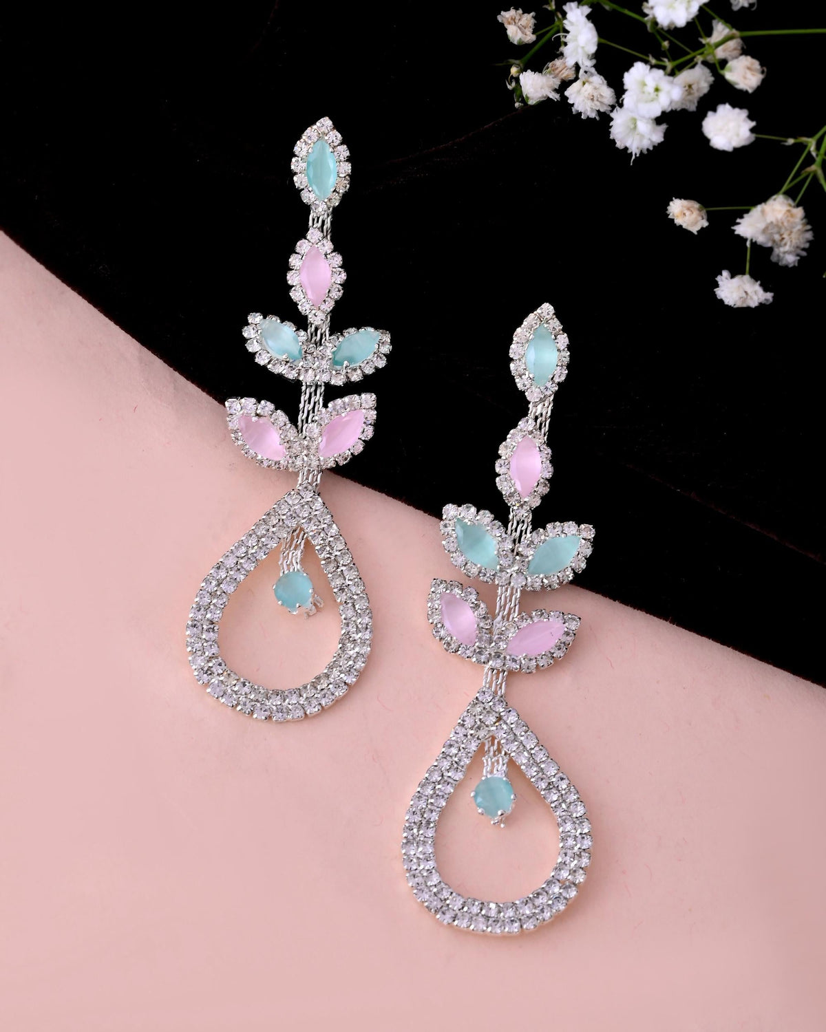 VOJ Silver-Toned Mind Green And Pink Teardrop Shaped Drop Earrings