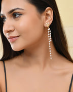 VOJ Gold-Polished Flower Stone Studded & Beaded Acrylic Drop Earrings