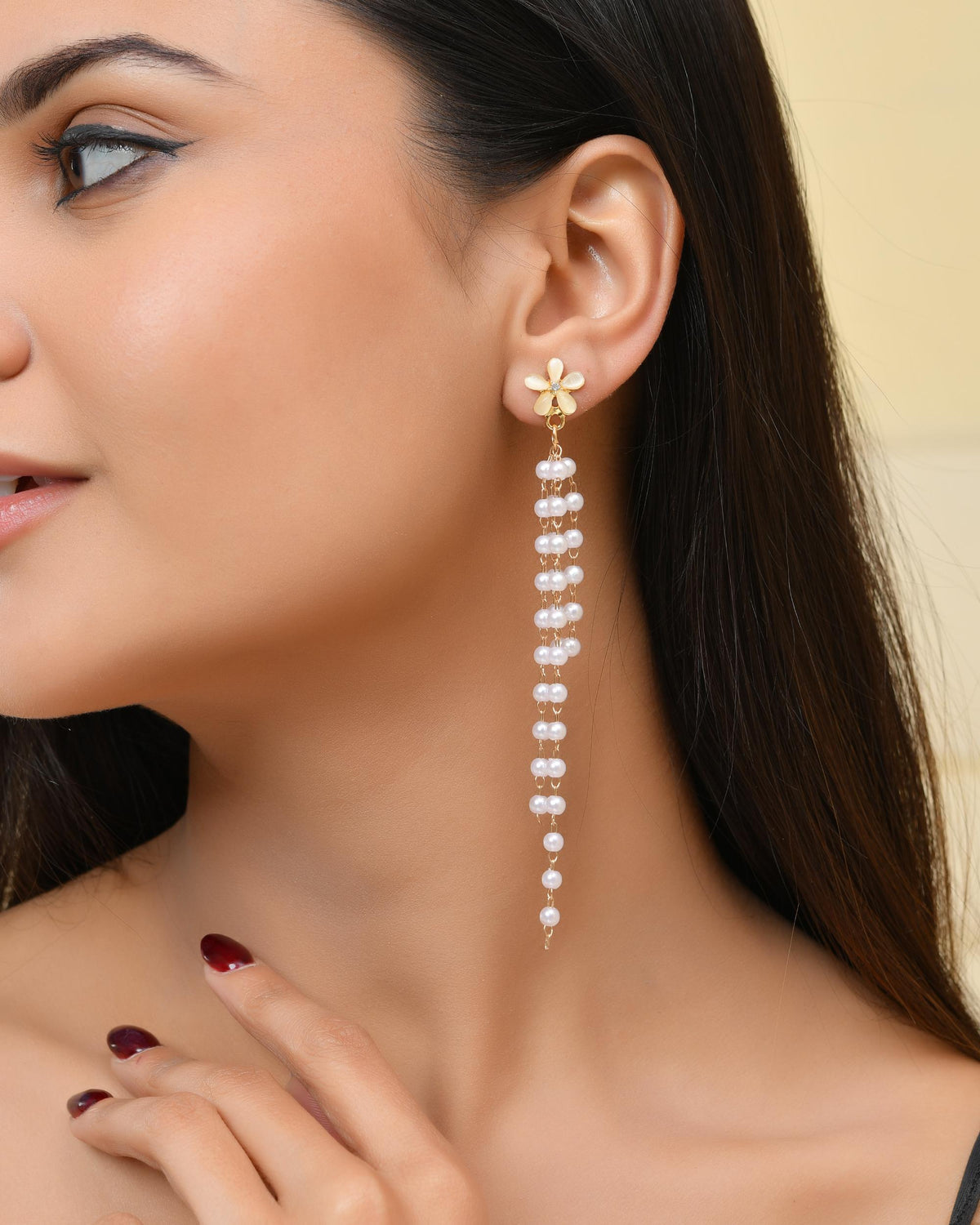 VOJ Gold-Polished Flower Stone Studded & Beaded Acrylic Drop Earrings
