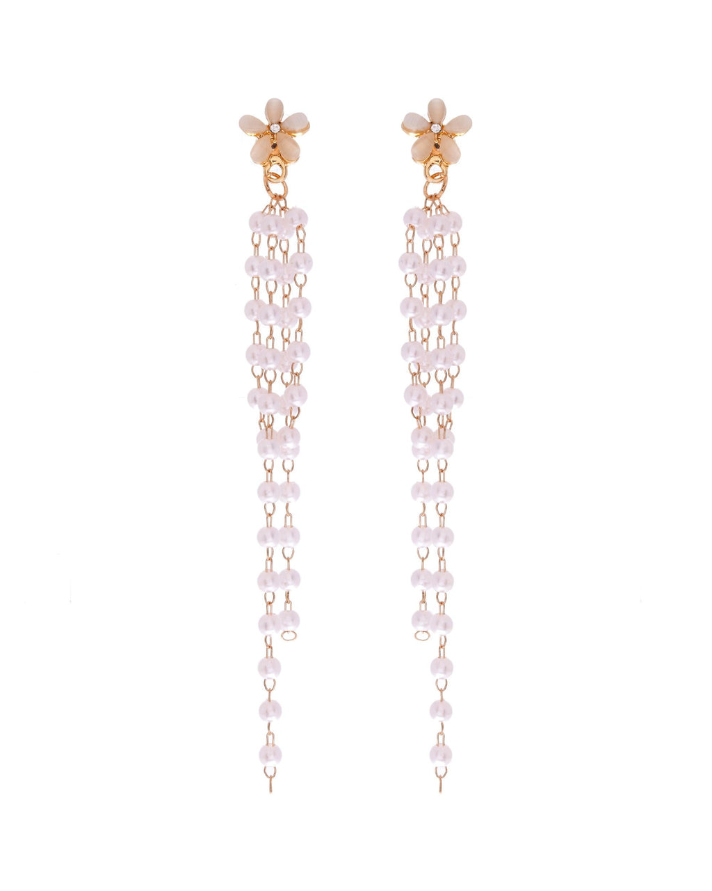 VOJ Gold-Polished Flower Stone Studded & Beaded Acrylic Drop Earrings