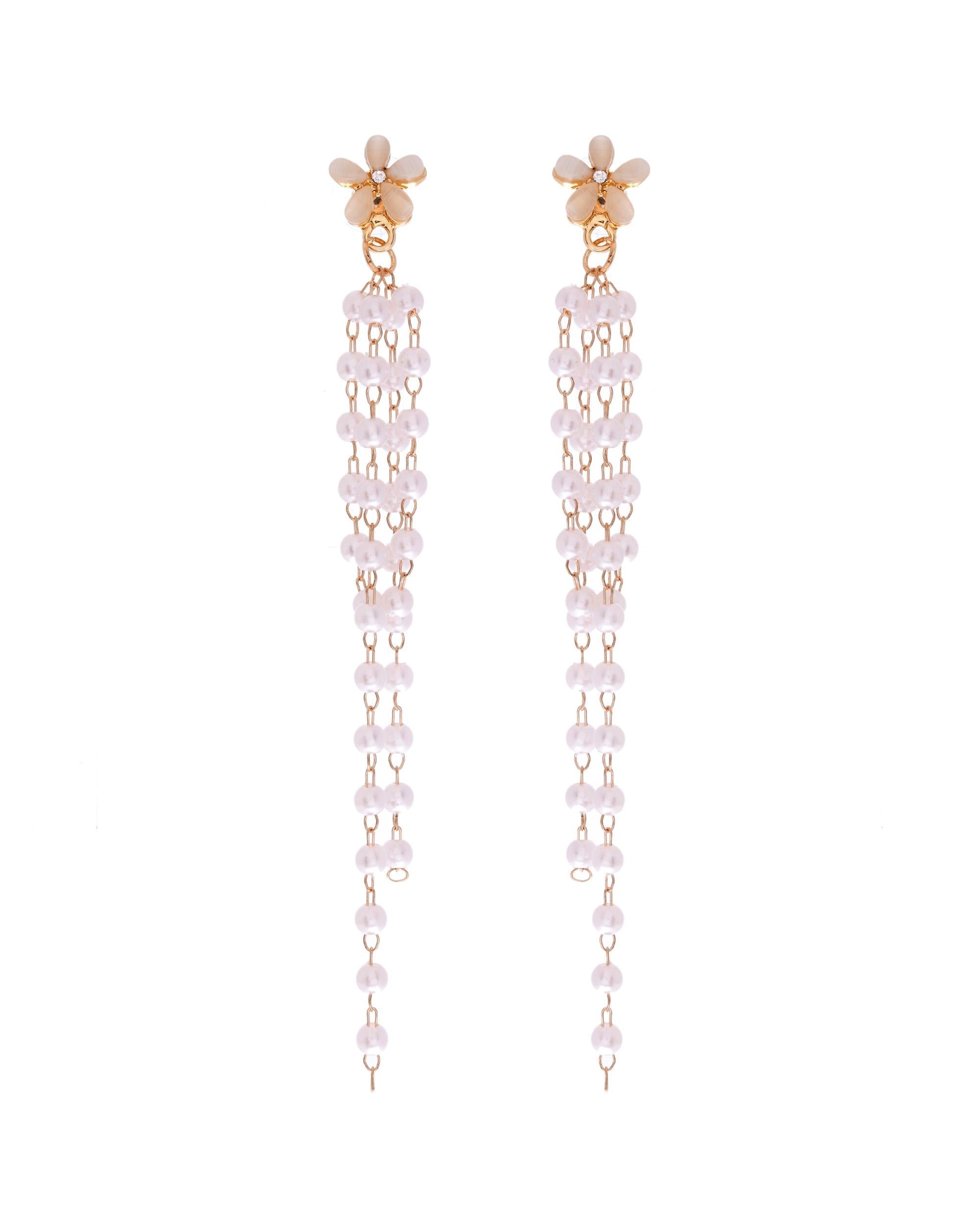 VOJ Gold-Polished Flower Stone Studded & Beaded Acrylic Drop Earrings