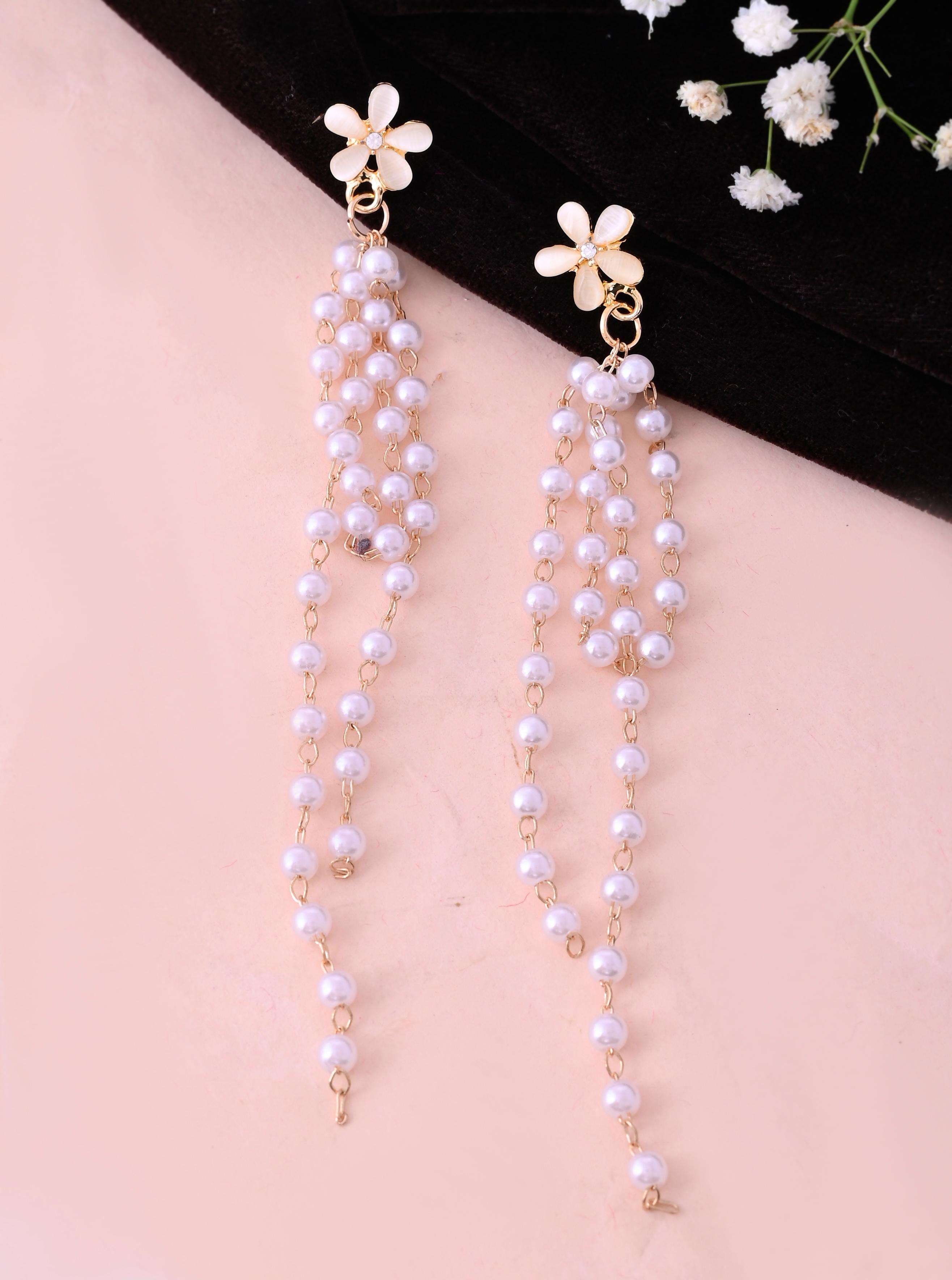VOJ Gold-Polished Flower Stone Studded & Beaded Acrylic Drop Earrings