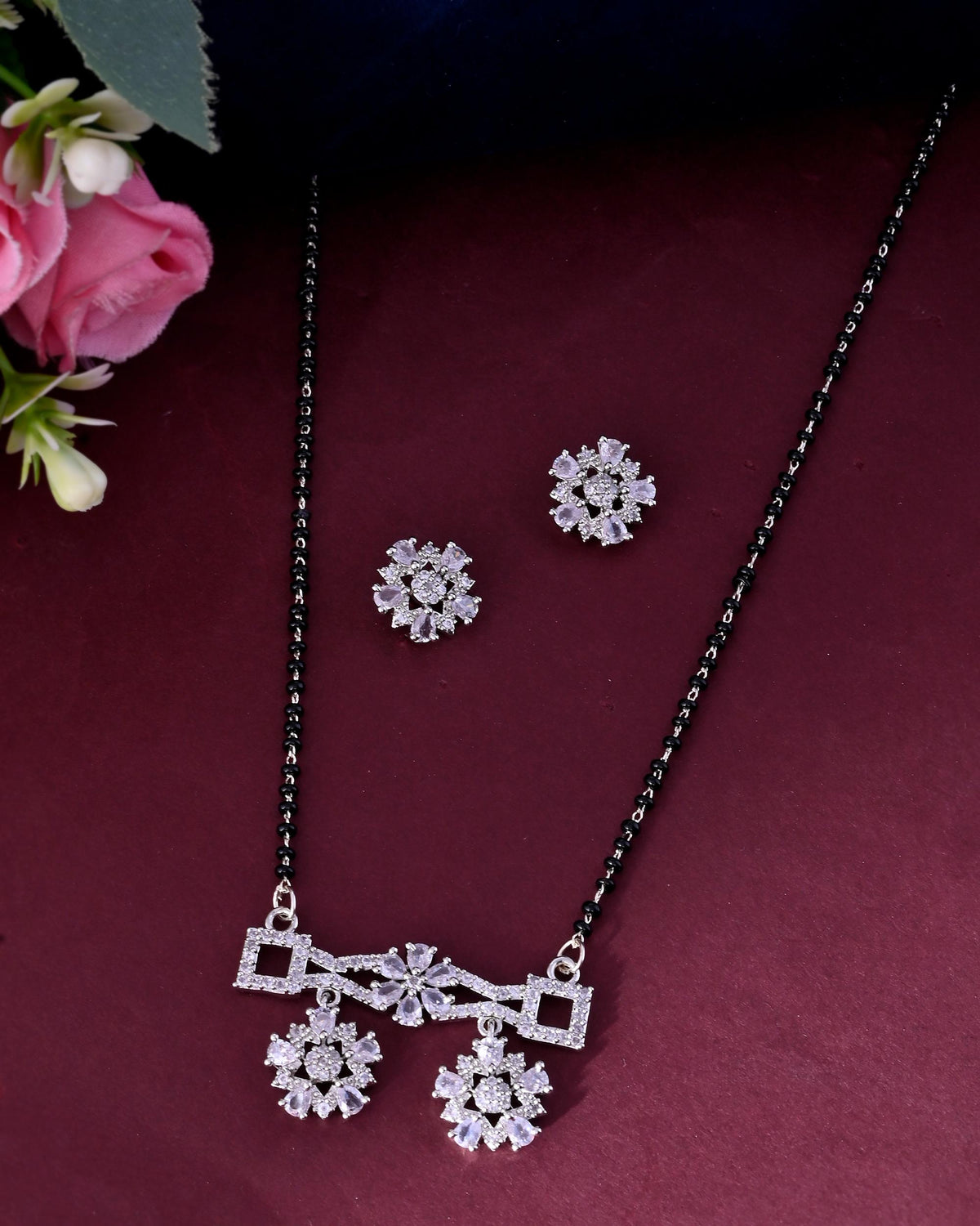 VOJ Silver Plated Ad Stone Studded Designer Mangalsutra Set | Grocsy