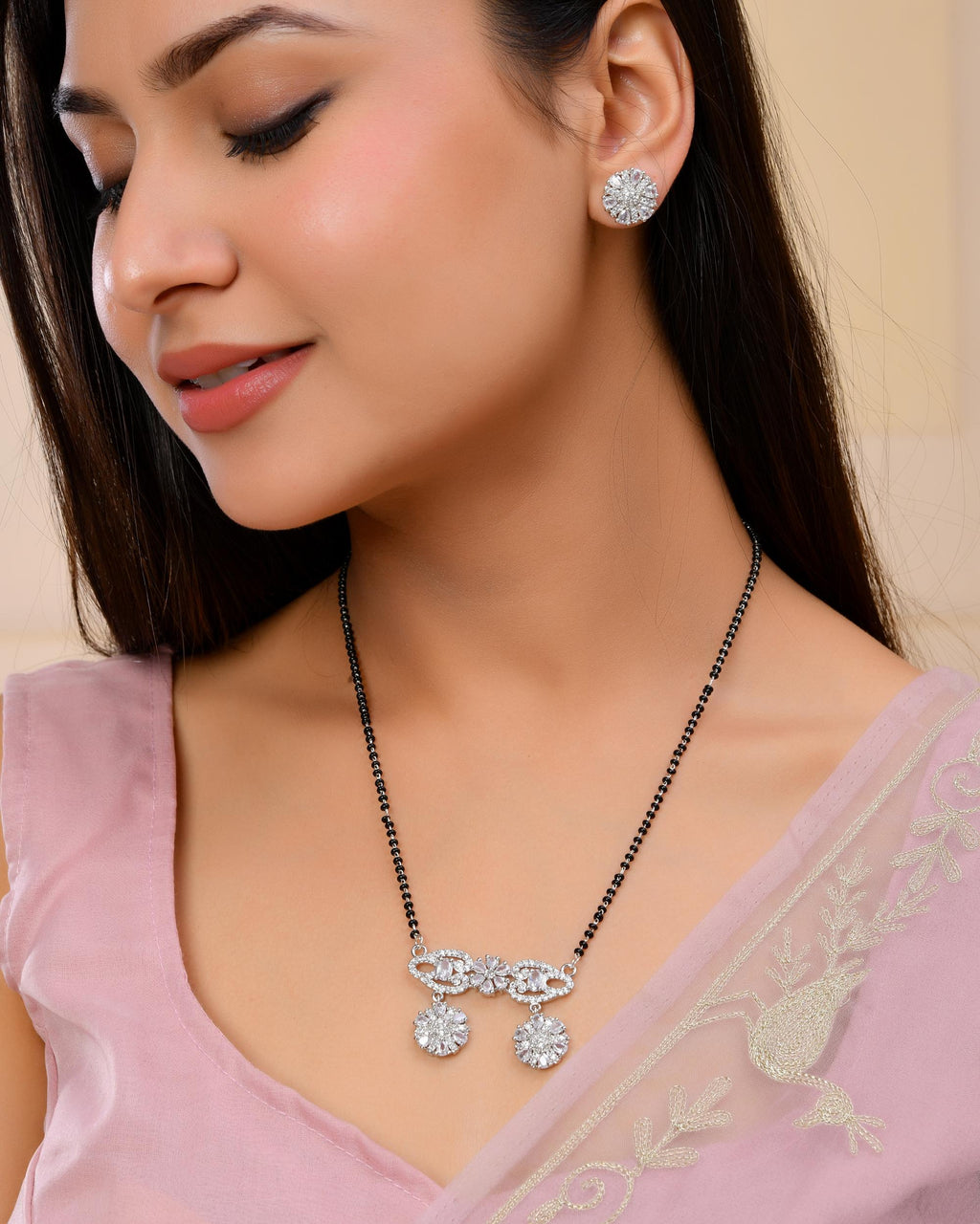 VOJ Silver Plated Ad Stone Studded Designer Mangalsutra Set | Grocsy