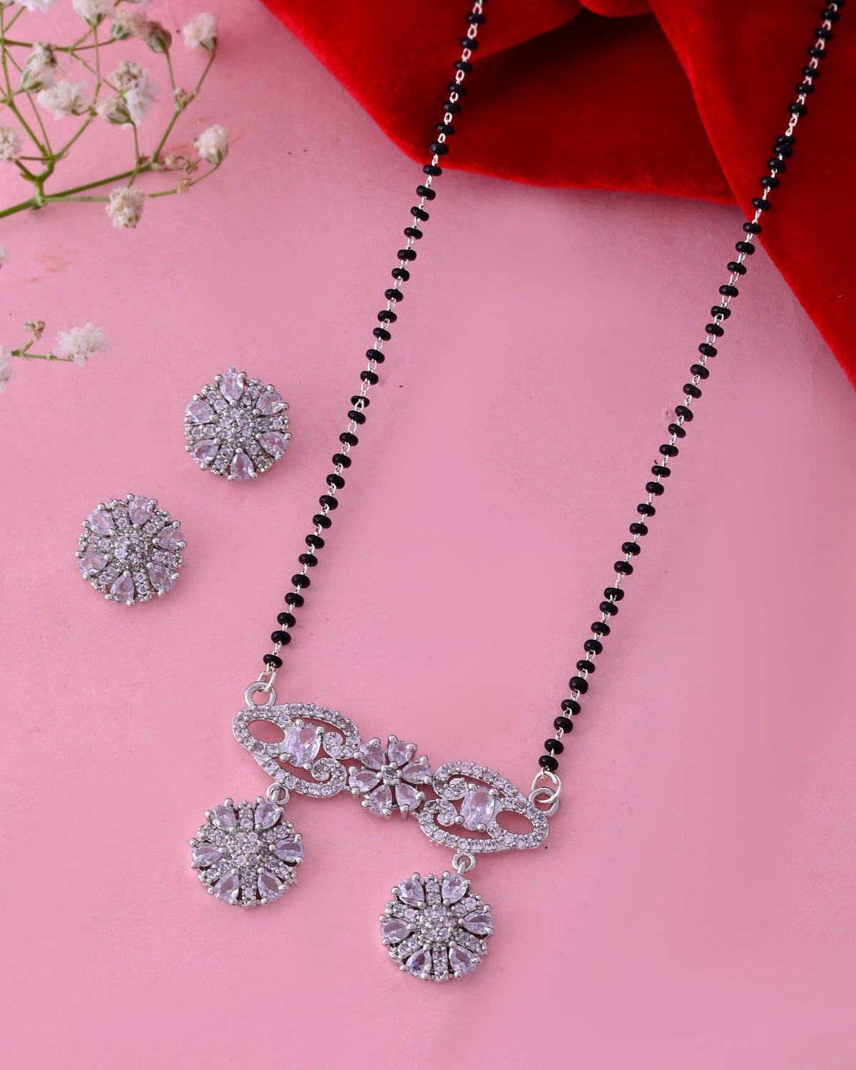 VOJ Silver Plated Ad Stone Studded Designer Mangalsutra Set | Grocsy
