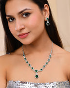 VOJ Silver Plated Green Ad Stone Studded Necklace With Earrings Set | Grocsy