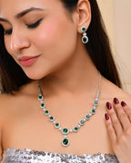 VOJ Silver Plated Green Ad Stone Studded Necklace With Earrings Set | Grocsy